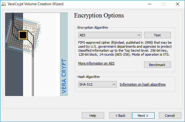 screenshot of VeraCrypt's volume creation wizard's encryption options window