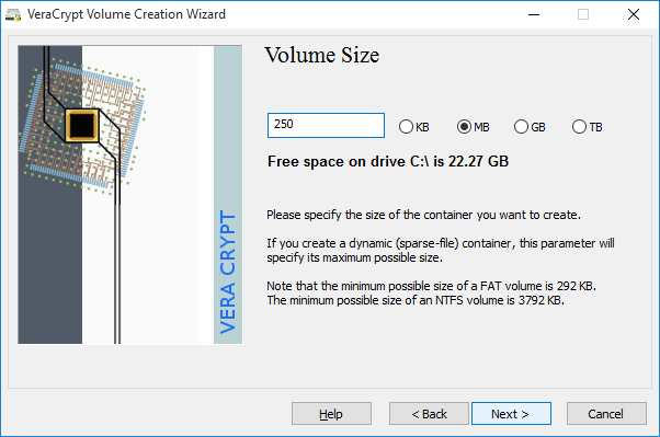 screenshot of VeraCrypt's volume creation wizard's volume size window