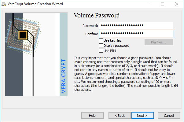 screenshot of VeraCrypt's volume creation wizard's password input window
