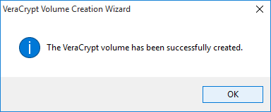 screenshot of VeraCrypt's "volume successfully created" notice