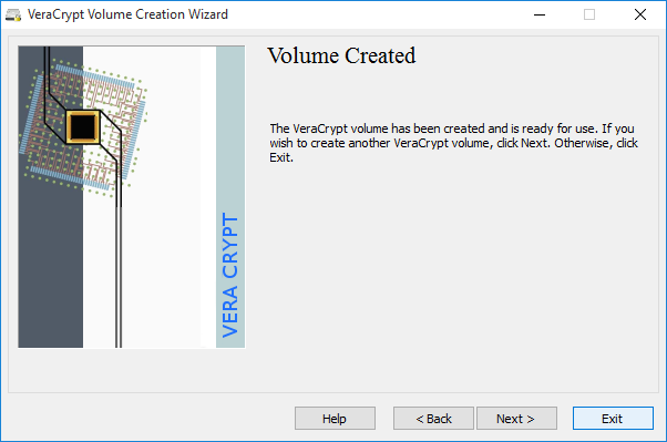 screenshot of VeraCrypt's Volume Creation Wizard completion notice