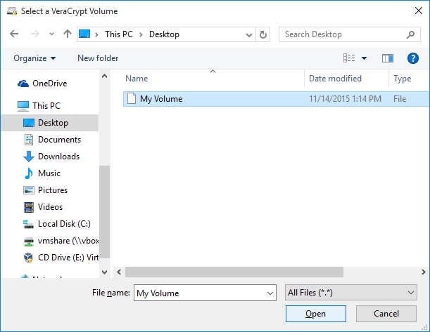 File selection dialog in VeraCrypt