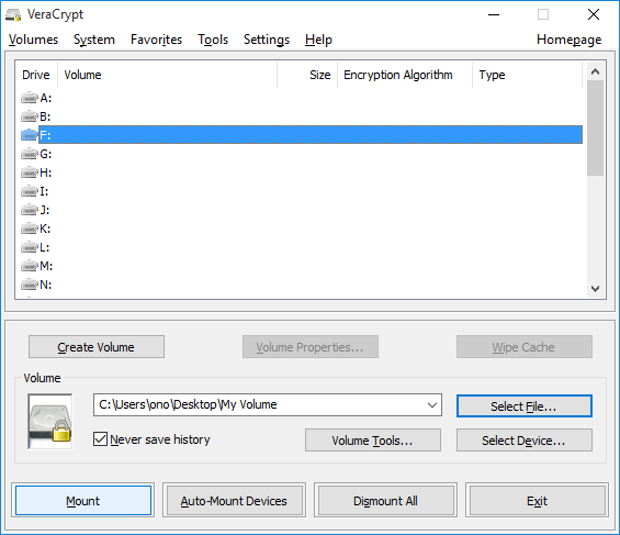 main window of VeraCrypt showing container location