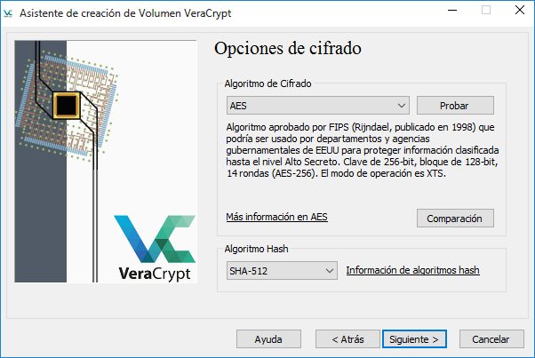 screenshot of VeraCrypt's volume creation wizard's encryption options window