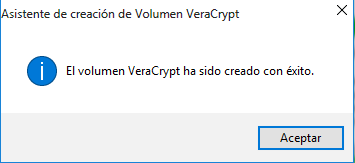 screenshot of VeraCrypt's "volume successfully created" notice