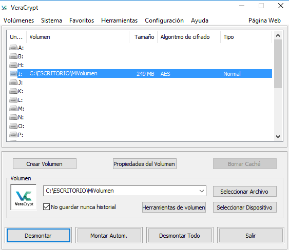 screenshot of VeraCrypt's main window displaying a mounted volume