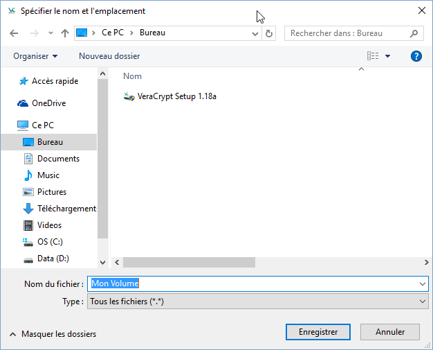 VeraCrypt's volume creation wizard's file specification dialogue window