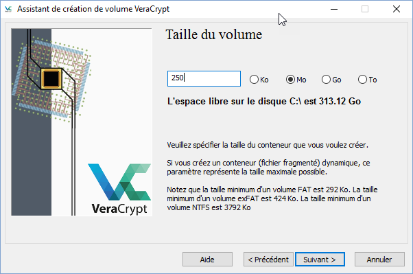 screenshot of VeraCrypt's volume creation wizard's volume size window