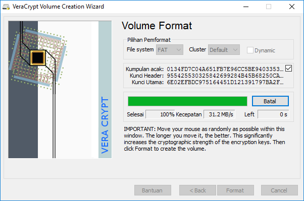 Perkembangan proses volume format pada volume creation wizard VeraCrypt