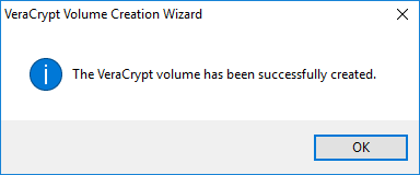 cuplikan layar notifikasi "volume telah sukses dibuat" pada VeraCrypt