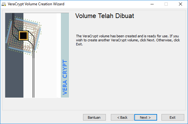 cuplikan layar notifikasi selesainya Volume Creation Wizard VeraCrypt