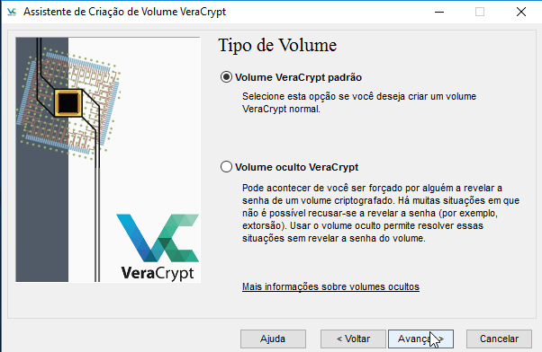 Seleção do tipo de volume no assistente de criação de volume do VeraCrypt